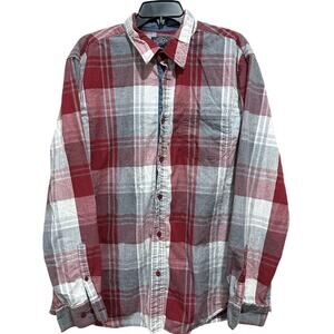 Retreat Shirt Men XL Red Gray Plaid Long Sleeve Button Up 100% Cotton Casual